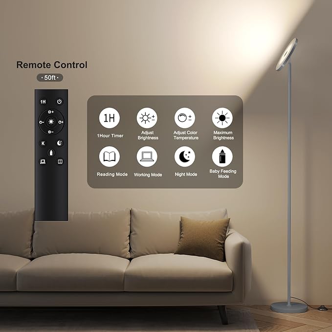 SUNMORY Floor Lamps for Living Room, 32W/3000LM Super Bright LED Floor Lamp with Remote Control, 69" Tall Standing Lamp with Stepless Dimmable, Modern Torchiere Corner Lamp for Bedroom, Office Grey