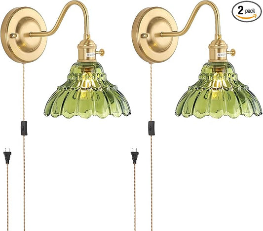 Plug in Wall Sconce Set of 2, Gold Vintage Wall Lights with Green Lily Glass Shade, Indoor Brass Corded Wall Lamp Fixture for Bedroom Living Room Bathroom Hallway