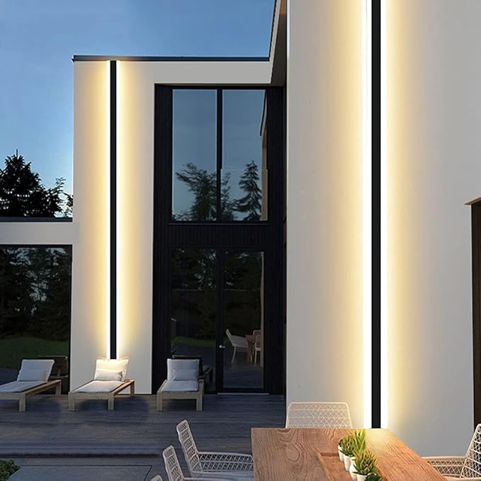 Outdoor Long Strip Modern LED Wall Lighting Fixture Lamps, Elegant Frosted White Acrylic, Black Aluminum Body IP65 Waterproof Anti Rust (Cold White, 32inch)