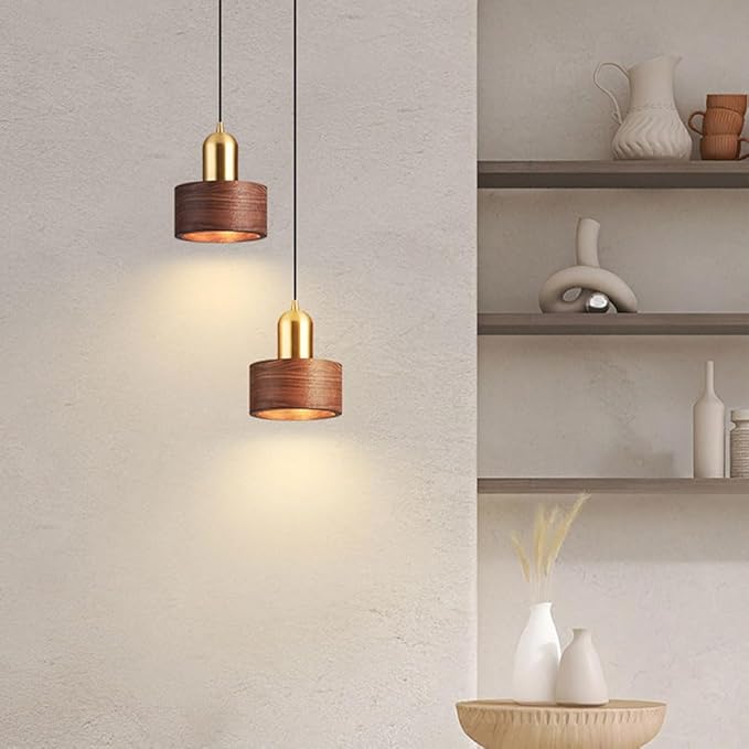 Modern Pendant Light Walnut Wood Pendant Light Fixture Scandinavian Gold Finish Adjustable Hanging Lamp Farmhouse Mid Century Vintage Chandelier for Kitchen Island Dining Room Office Bedroom