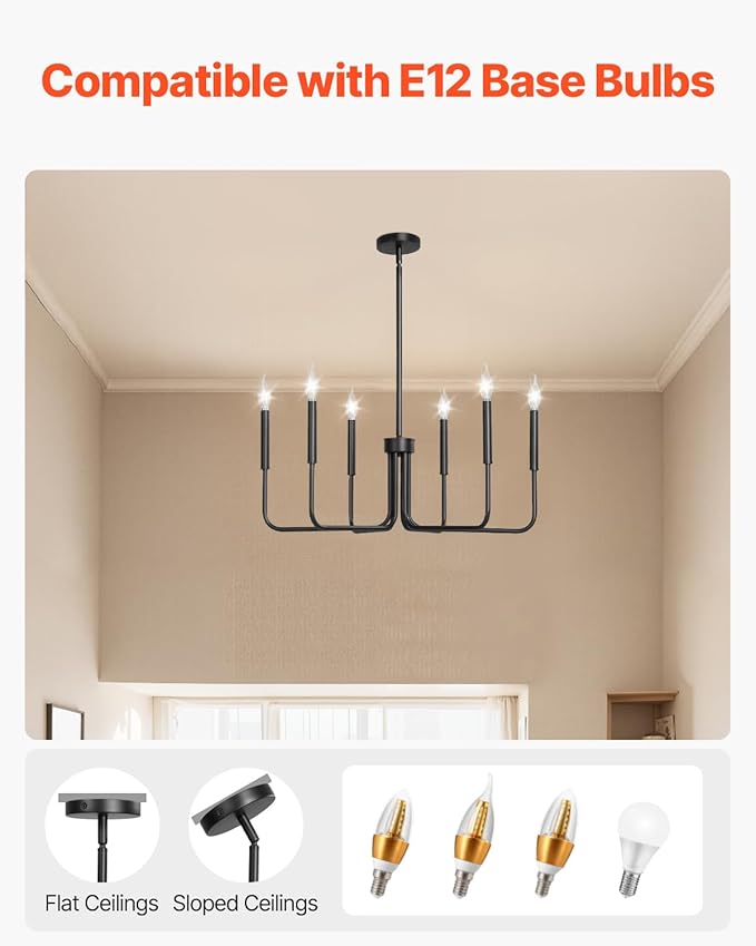 VEVOR 6-Light Chandelier, Metal Farmhouse Chandelier, Adjustable Height, Dining Room Hanging Light Fixture for Ceilings, Modern Chandelier for Bedroom, Foyer, Hall, Kitchen, Living Room and Entryway