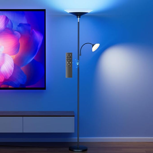 RGB Torchiere Floor Lamp - 2 Way Dimmable LED Standing Lamp with Remote&Button Control, 34W Rotatable Floor Reading Light, 72'' Tall Modern Corner Lamp for Living Room Bedroom Office, Black