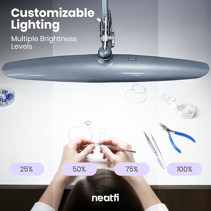 Neatfi XL 2200 Lumens 24W LED Desk Lamp with Clamp - Shadow-Free Task Lighting | 4-Level Dimming | Home Office & Crafts Use | 20-Inch Wide Head (Non-CCT, Gray)