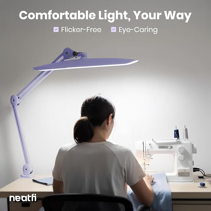 Neatfi XL LED Desk Lamp with Clamp, 2200 Lumens, 20W, 20-Inch Wide Head, Dimmable 4 Brightness Levels, 3 Color Modes 3000K–6000K, Task Light for Home Office, Crafts, Workbench (CCT, Lavender)