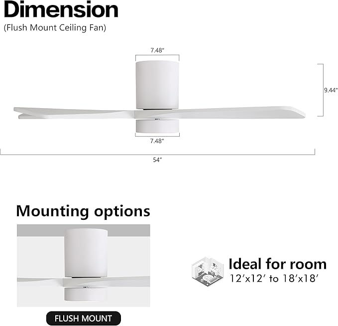 WINGBO 54 Inch Flush Mount DC Ceiling Fan with Lights and Remote, 5 Reversible Carved Wood Blades, 6-Speed Noiseless DC Motor, Hugger Ceiling Fans in White Finish, Low Profile Ceiling Fan, ETL Listed