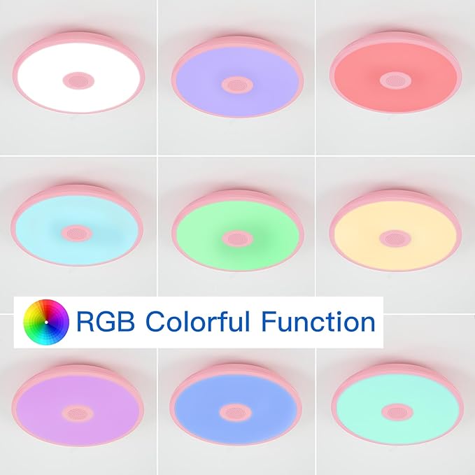 Pink Waterproof LED Ceiling Light Fixture,Music Ceiling Lamp,with Bluetooth Speaker,11Inch 18W, 2700K-6500K Dimmable RGB Color Changing Light with Remote Control,Suitable for Girls' Room