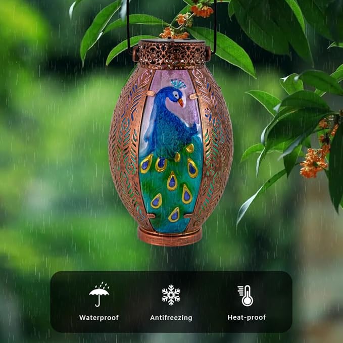 Peacock Solar Lantern Outdoor Lights, Hanging Solar Lanterns Waterproof Lamp Tasktop Garden Porch Yard Decor, Birthday Gifts Light for Women Mom Grandma