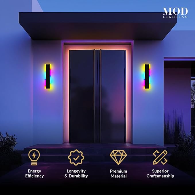 𝗠𝗢𝗗 𝗟𝗜𝗚𝗛𝗧𝗜𝗡𝗚 Haylen RGB | Long Outdoor Wall Lights, 7 Colors and 358 Light Effects, Dimmable with Remote Modern Linear Exterior Light Fixture, Waterproof Wall Sconce 45W, 2-Pack (RGB |12")