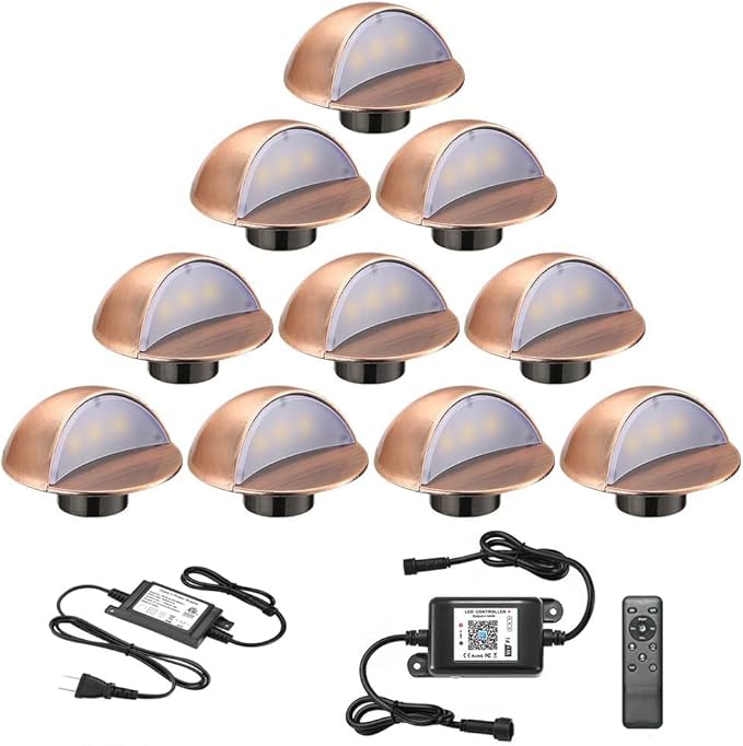 FVTLED Low Voltage LED Step Lights, 10pcs RGB LED Landscape Stair Lights Outdoor Deck Lighting WiFi Controller Φ1.97 Recessed Lights, Compatible with Alexa Google Home