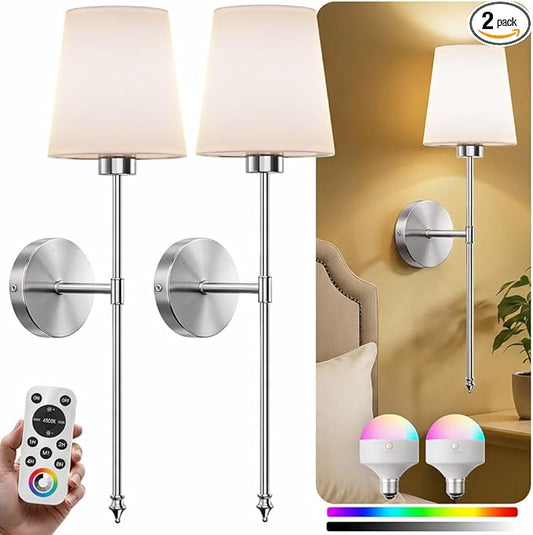 Wall Sconces Battery Operated Set of 2, Rechargeable Wall Sconce, 10 Colors Wireless Wall Sconces Set of Two, 5200mAh Dimmable Bulbs and Remote for Bedroom Living Room Hallway (24 inch-Brushed Nickel)