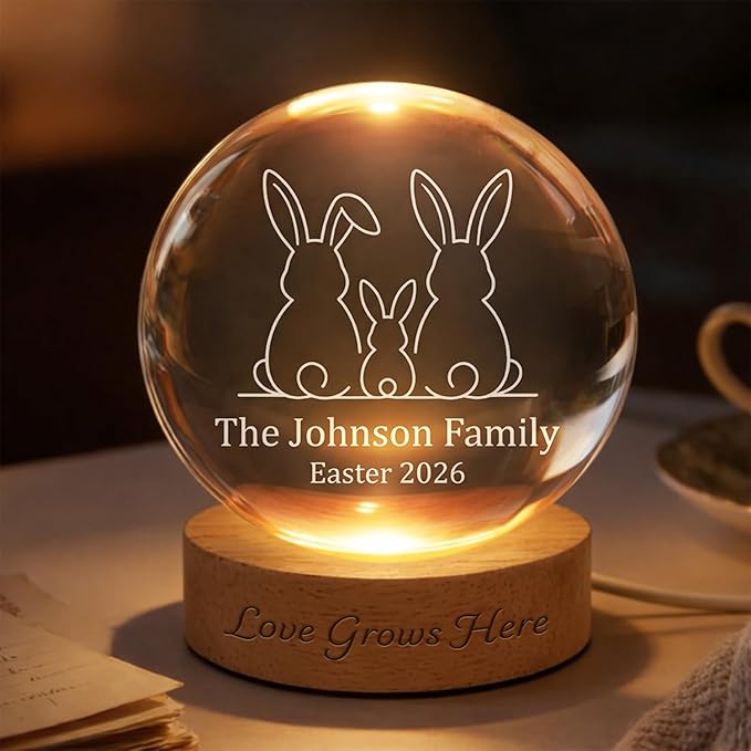 Personalized Easter Family Bunny Crystal Ball LED Night Light, Custom Family Name Glass Globe Lamp with Year, Engraved Rabbit Silhouette Keepsake Gift for Spring Home Decor