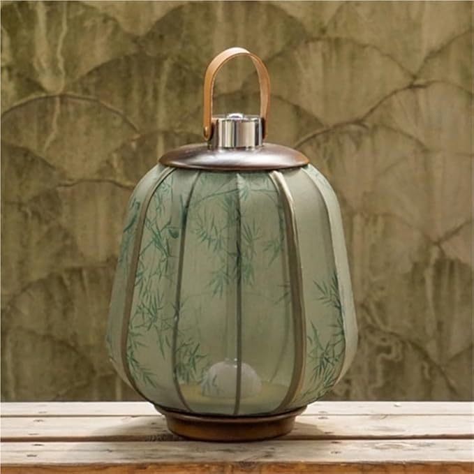 Simple Rechargeable Lantern Table Lamp with Touch Switch, Retro Chinese Small Night Light with Portable Handle, Elegant Decorative Fabric Nightstand Lamp for Bedroom Living Room(Green)