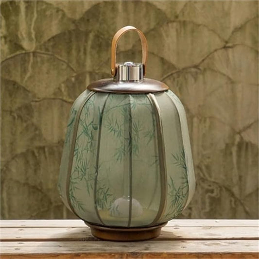 Simple Rechargeable Lantern Table Lamp with Touch Switch, Retro Chinese Small Night Light with Portable Handle, Elegant Decorative Fabric Nightstand Lamp for Bedroom Living Room(Green)