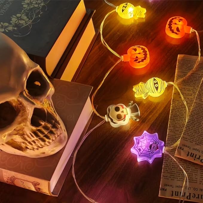 Halloween String Lights 9.8FT 20 LED Battery Powered Outdoor Decor, Cute Pumpkin Mummy Spider Skull Designs, 2 Lighting Modes for Indoor Window Yard Party Decoration (Style B)