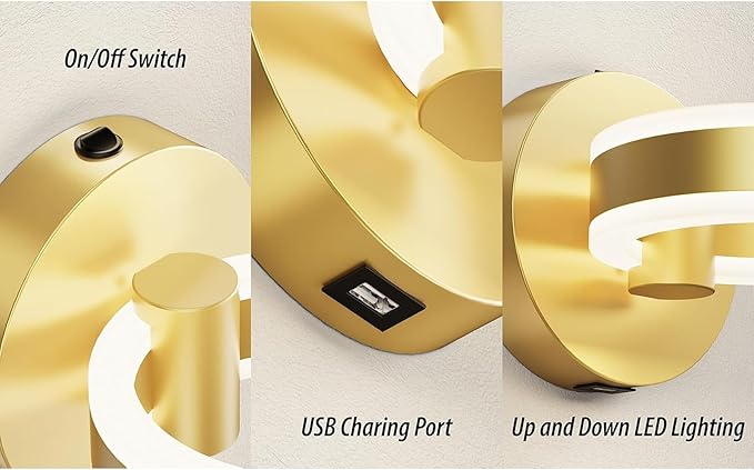 Wall Lamp LED Wall Sconce Rotatable Up-Down Sconces Wall Lighting with Built-in Switch and USB Charging Port 110 Volt AC Hardwired Wall Light (Gold,2 Pack)