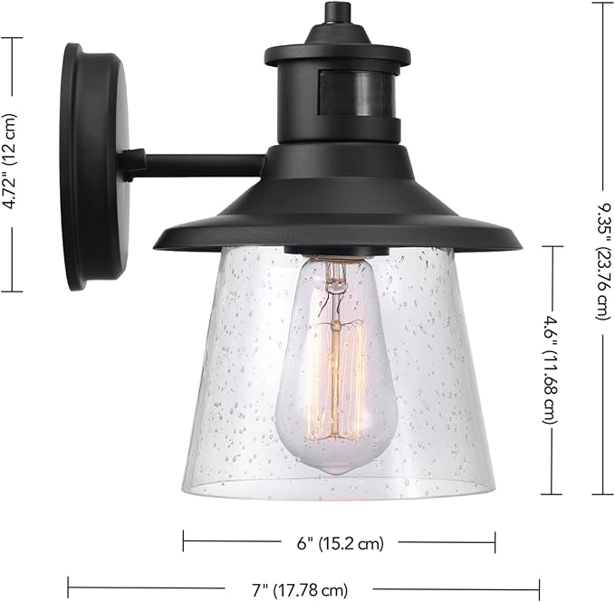 Globe Electric 32982 1-Light Motion Sensor Wall Sconce, Outdoor, Matte Black, Clear Seeded Glass Shade, 150 Degrees, 30ft. Range, Farmhouse, E26 Bulb, Porch Light, Weather Resistant