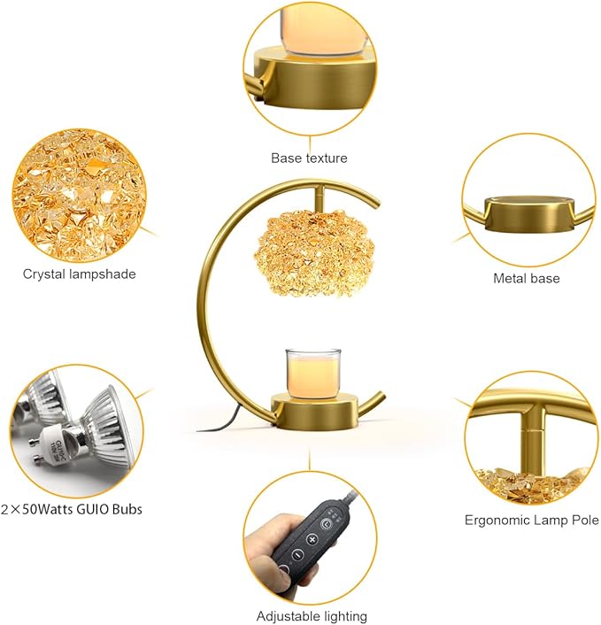 Bronze Candle Warmer Lamp for Jar Candles with Adjustable Brightness＆Timer，Handcrafted Crystal＆Wooden Base,Candle Lamp Luxurious Design+2Bulbs,Home Decoration Electric Candle lamp(C-Shaped)