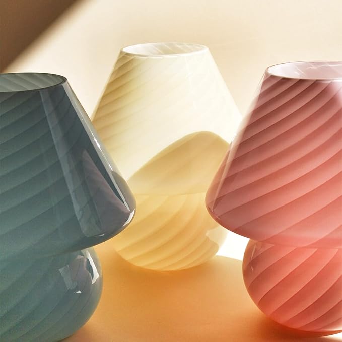 Swirl Mushroom Lamp, Translucent Glass Table Bedside Lamps Italian Style Modern Striped Desk Light for Baby Home Decoration Of Dining, Living,Study,Kids (Striped Green, Mini Dia5.1*H7.1 Inches)