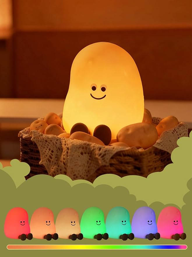 QANYI Squishy Potato Night Light with Timer, 7 Color Changing & Dimmer, Rechargeable Silicone Lamp - Soft Glow for Bedroom, Desk, Cute Funny Gift for Adults Teens