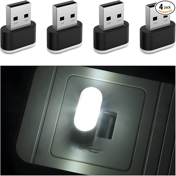 4PCS USB LED Car Interior Atmosphere Lamp, Portable Plug-in Mini Vehicle Night Light, Automotive Trunk Ambient Lighting Decoration Kit, Universal for SUV Sedan Truck (White)