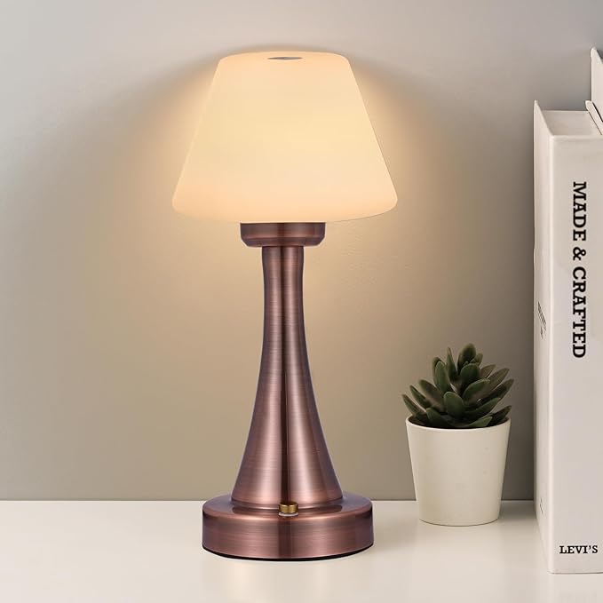 Waterproof Rechargeable Table Lamp for Shower & Outdoor, Cordless Touch Dimmable Nightstand Lamp with 3 Light Colors, Portable LED Light for Bedroom, Patio, Camping & Bar (Red Bronze)