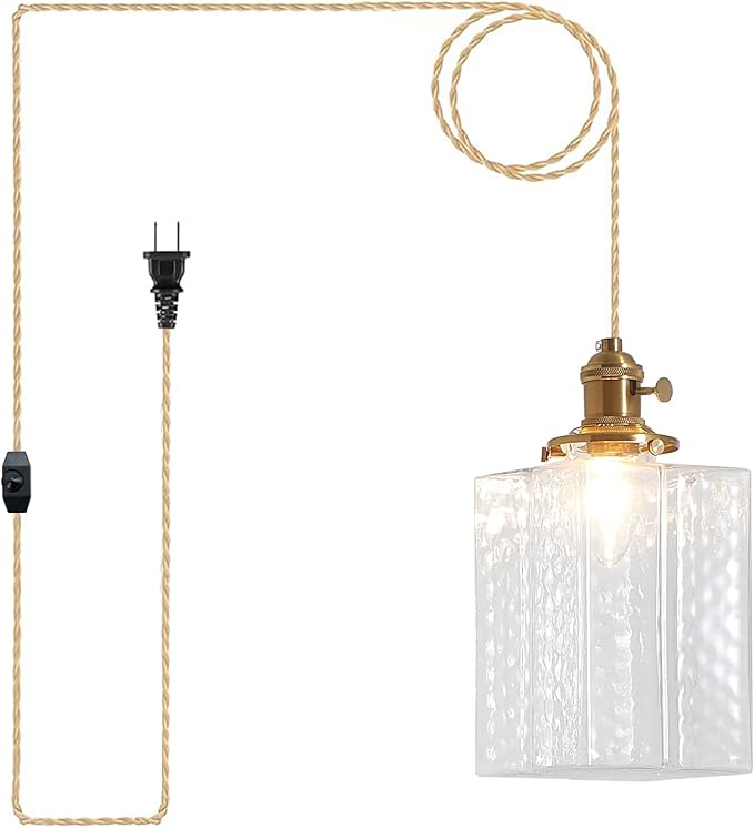 Hanging Lamp Plug in Golden Adjustable Light Cord Plug in Pendant Lights 6.5 Inch Glass Lampshade Hanging Pendant Light Hanging Light Fixture with Plug in Cord for Dining Room with Light Bulb