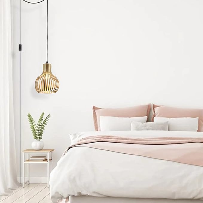 Industrial Wire Cage Plug in Pendant Lighting Metal Hanging Light Fixture with 14.27 Ft Hanging Cord and On/Off Switch (Gold)