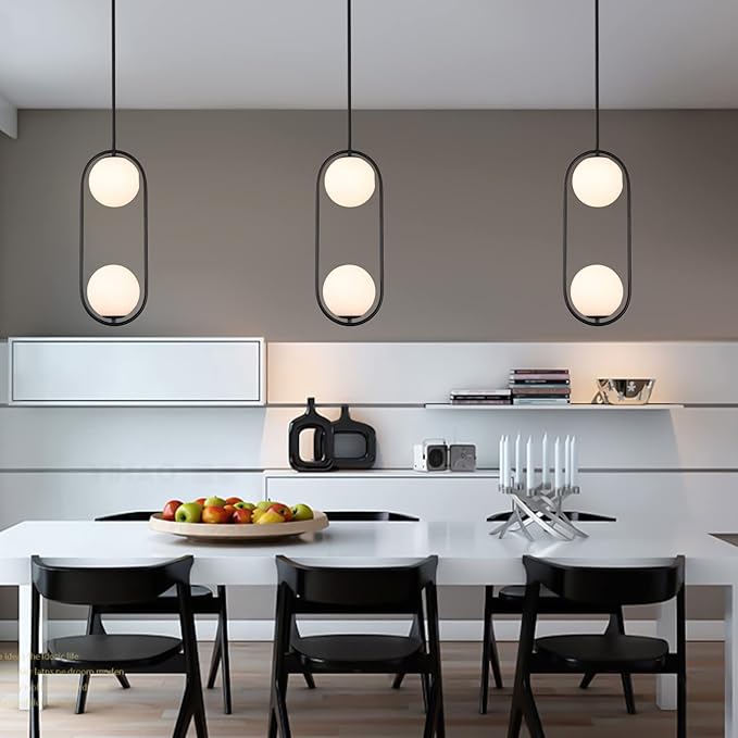 Modern Style Pendant Lighting Mid Century Pendant Light Fixture Hanging Lighting Fixture Vintage Style with White Globe Glass Lampshade Pendant Chandelier for Kitchen Island Dining Room Bedroom