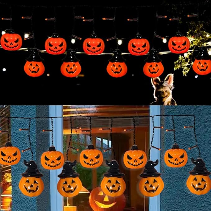 6ft Halloween Pumpkin Curtain String Lights, Led Icicle Light Strand, Jack-o'-Lantern with 8 Modes Battery Operated Indoor Outdoor Holiday Decoration