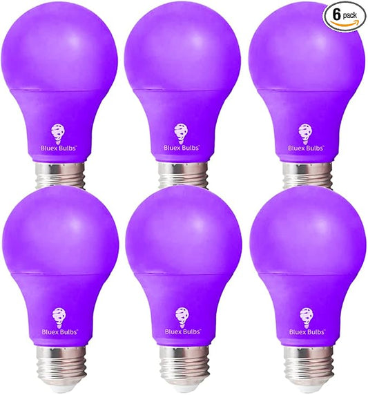 6 Pack BlueX LED A19 Purple Light Bulbs - 9W (60Watt Equivalent) - E26 Base, Party Decoration, Porch, Home Lighting, Holiday Lighting, Decorative Illumination