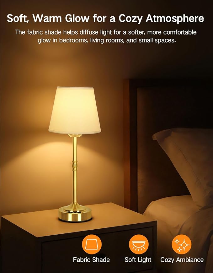 OUTON Cordless Table Lamp Rechargeable, Touch Dimmable LED Bedside Lamp with Fabric Shade, 3 Color Temperatures, USB-C Charging, Battery Display, Memory Function for Bedroom Living Room Patio, Gold