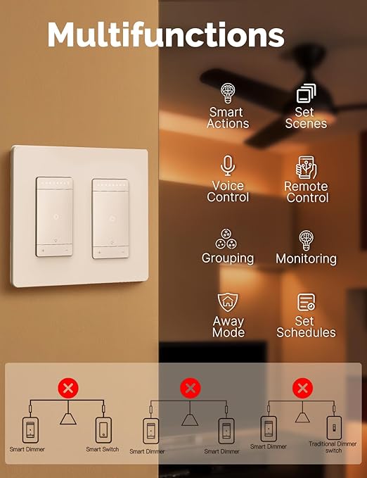 MOES 3 Way Smart Star Ring Dimmer Switch, 2.4GHz WiFi Dimmable Light Switch,Neutral Wire Required, Smart Life APP Remote Control, Works with Alexa & Google Assistant, Timer & Schedule White 2 Gang