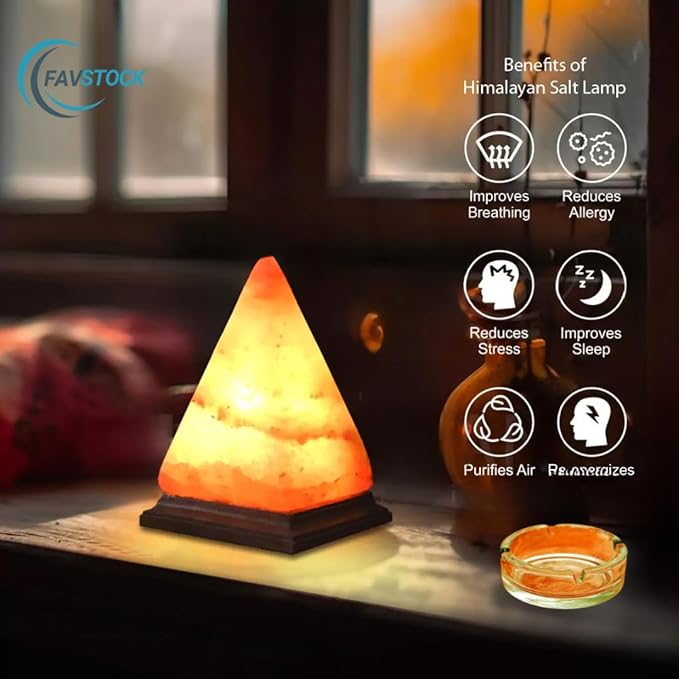 Himalayan Salt Lamp, Natural Pyramid Salt Rock Lamp with Handcrafted Wooden Base & Night Light, Soothing Amber Glow, for Home, Office, Yoga Decor, 6 x 4.5 Inches