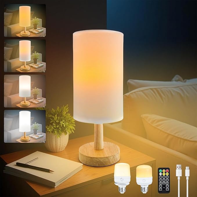 Wireless Bedside Table Lamp with 2Pcs E26 Rechargeable Battery Bulb, Remote Control, Dimmable, Timer, Cylindrical Light for Living Room, Bedrooms, Reading, Night Lighting
