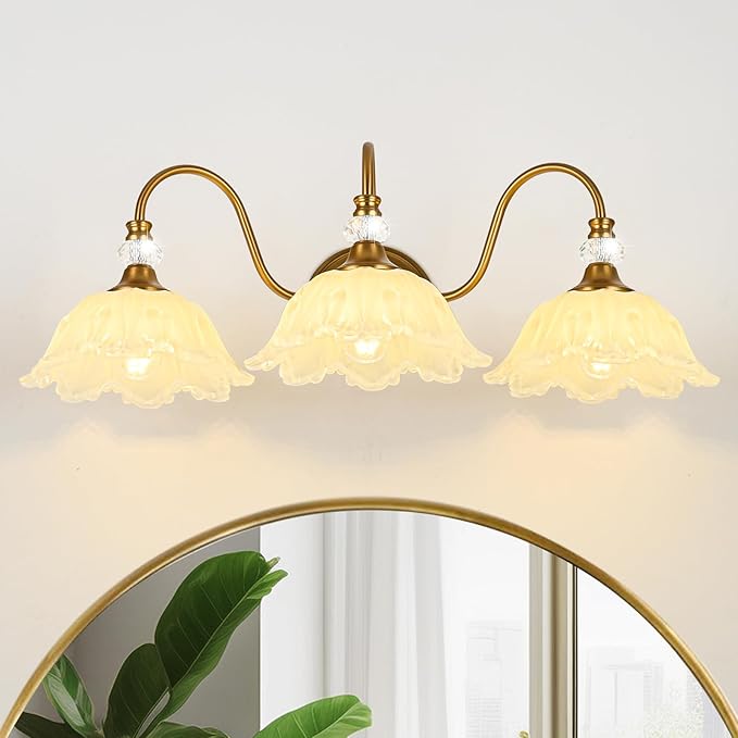 Vintage Bathroom Vanity Light, 3-Light Matte Brass Finish Vanity Light with Floral Yellow Glass Shades, Retro Wall Sconce for Bathroom, Dressing Table