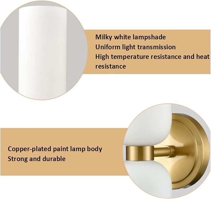 Gold Wall Sconces Mid Century Wall Light Modern Gold Wall Sconces Set of Two 2-Light Modern Wall Light Bathroom Vanity Light Milky White Glass for Bedroom Kitchen Dining Room (Gold)
