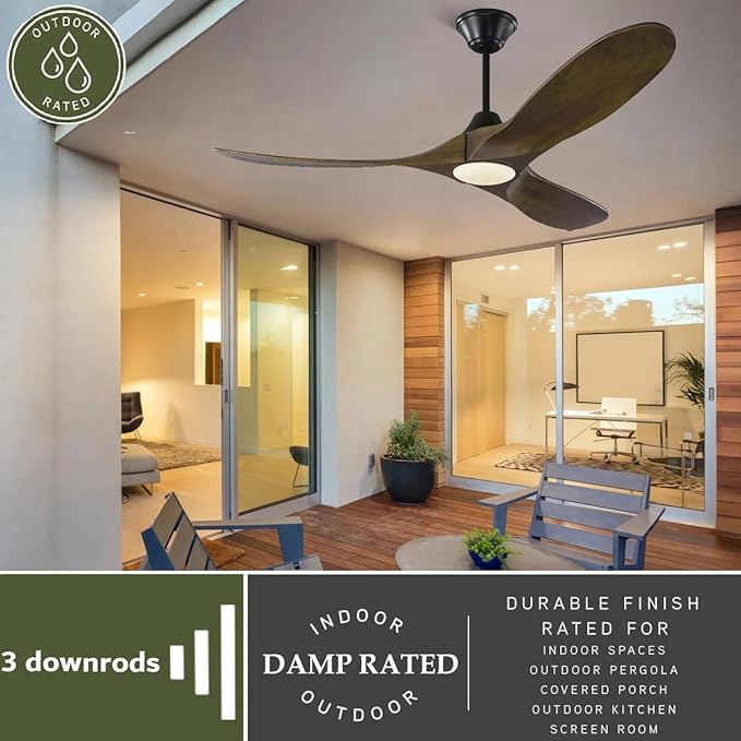 70 Inch Outdoor Smart Ceiling Fans with Lights, Rustic Farmhouse Ceiling Fan Large Airflow 3 Blade Wood Propeller, Damp Rated, Voice/App/Remote Control, Quiet DC Ceiling Fan for Patios Porch Garage