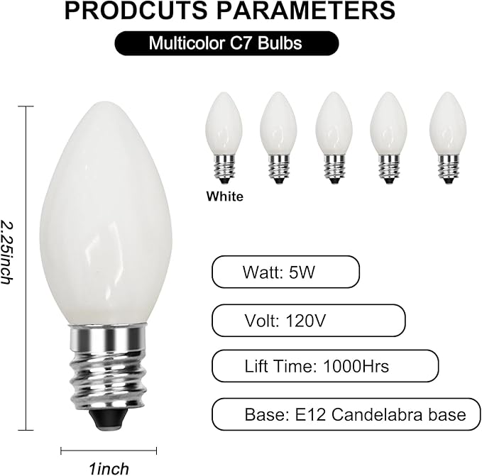 25 Pack C7 White Replacement Spare Incandescent Patriotic Light Bulbs, 5w Vintage Glass Ceramic White Light Bulbs C7/E12 Base for Independence Day, Patriotic Parties Decor
