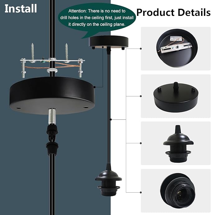 Industrial Mini Pendant Light Kit, Edison Retro Pendant, UL E26 Lamp Socket Vintage Pendant Light Cord, Mini Ceiling Hanging Light Fixtures, Adjustable Hanging Light Kit for Kitchen（Black）