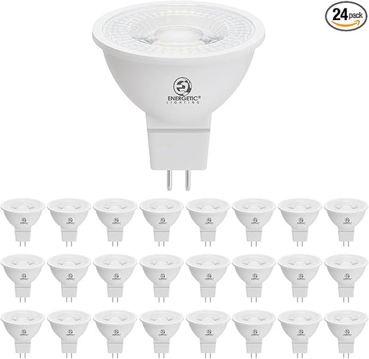 Energetic Dimmable MR16 5W 12V LED Light Bulb, 50W Halogen Equivalent, CRI 90+, GU5.3 Bi-Pin Base, 40 Degree Beam Angle, 3000K Warm White, 500LM, for Landscape, Recessed, Track Lighting, 24Pack