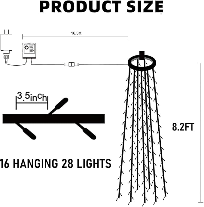 Dazzle Bright Christmas Tree Lights, 448 LED Waterfall Tree Topper Lights with Remote & 8 Lighting Modes, 8.2FT X 16 Lines Christmas Light for Outdoor Yard Party Xmas Trees Decoration (Multi-Colored)