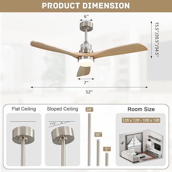 Sofucor 52 Inch Smart Ceiling Fan with Light, Indoor/Outdoor Ceiling Fans with Lights and Remote, Work with Alexa/Google, Quiet DC Motor, Solid Wood 3 Blade Ceiling Fans for Bedroom Living Room Patio