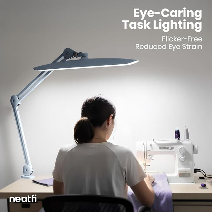Neatfi XL 2200 Lumens 24W LED Desk Lamp with Clamp - Shadow-Free Task Lighting | 4-Level Dimming | Home Office & Crafts Use | 20-Inch Wide Head (Non-CCT, Gray)
