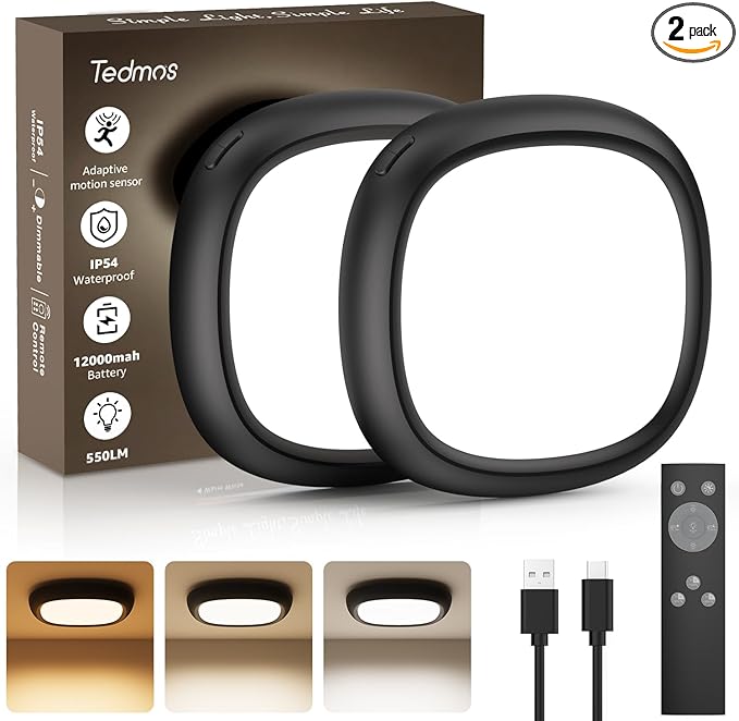 2 Pack Motion Sensor Rechargeable Ceiling Light with Remote, IP54 Waterproof 12000mAh Wireless Shower Light, Battery Operated Closet Light Sensored Indoor LED Overhead Lighting No Wiring for Garage