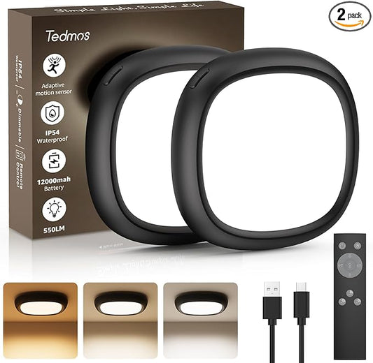 2 Pack Motion Sensor Rechargeable Ceiling Light with Remote, IP54 Waterproof 12000mAh Wireless Shower Light, Battery Operated Closet Light Sensored Indoor LED Overhead Lighting No Wiring for Garage