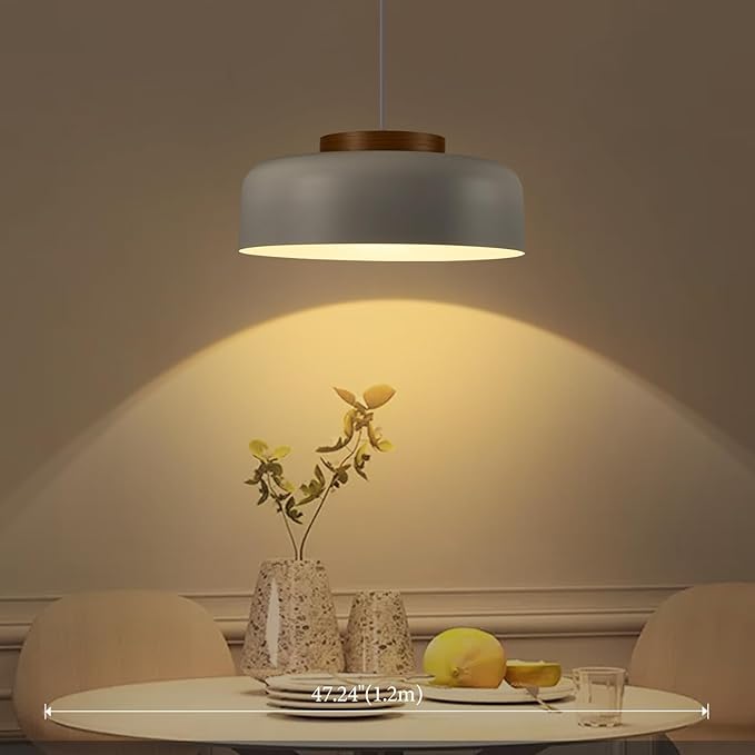 Large Pendant Lighting, 17.7 inch,Natural Wood Cap, Adjustable Cord,Simple Modern Chandelier for Dining Room, Kitchen Table Matte White