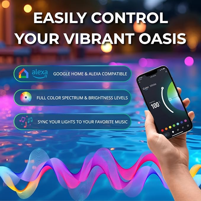 Smart Pool LED Pool Lights for Inground Pool, Wall Mounted, Color Changing with Remote - 75ft Cable, Works with Remote or Phone App - iOS/Android Compatible, Lifetime Replacement Program