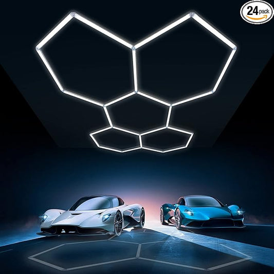 GOSLARLIT Hexagon LED Garage Light, 25 Pack LED Shop Ceiling Lamp, 144W 15950LM 6500K Daylight White, Linkable Plug-in Hexagon Lamp for Workshop Gym Car Care Warehouse 95x66inch