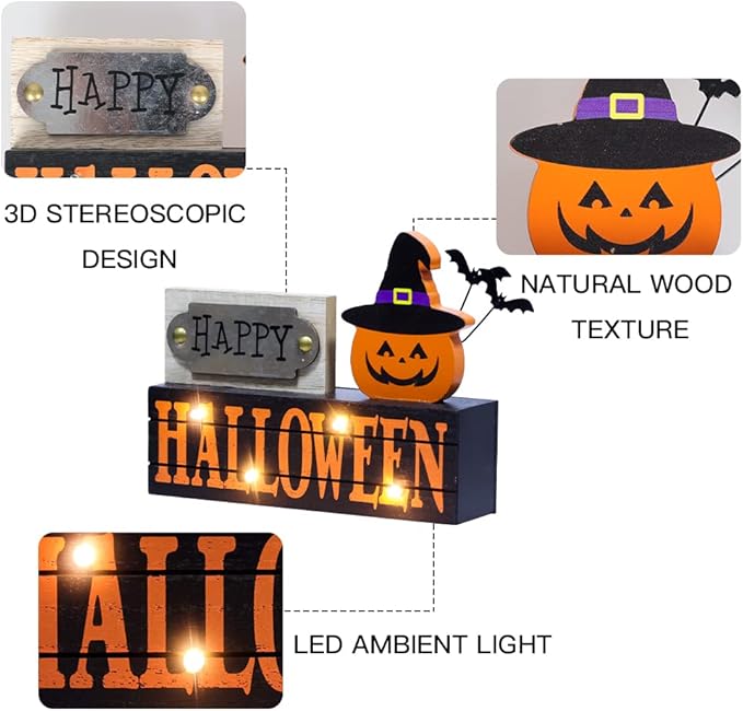 DECSPAS Halloween Decorations Indoor, Large Size 2-Layered Wood Block with LEDs and Pumpkin Face, Happy Halloween Sign Decorations for Home, Tabletop Gothic Decor for Party Shelf, Table, Mantel