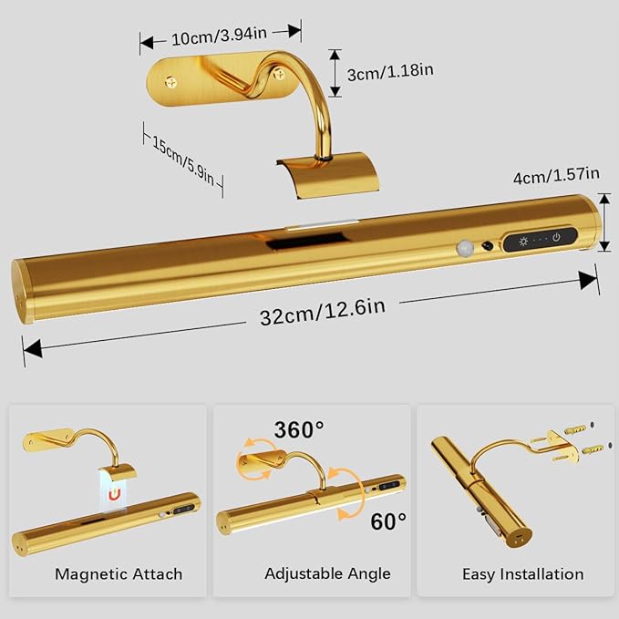 Motion Sensor Battery Operated Picture Light, Wireless Rechargeable Magnetic Art Wall Sconce with Remote Control, LED Picture Frame Lighting for Paintings Poster Mirror Portrait Gallery Dart (Brass)